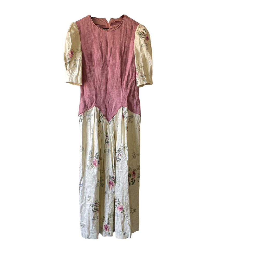 Vintage Floral Cottagecore‎ Midi Dress Pink Textured Puff Sleeve 80s size small